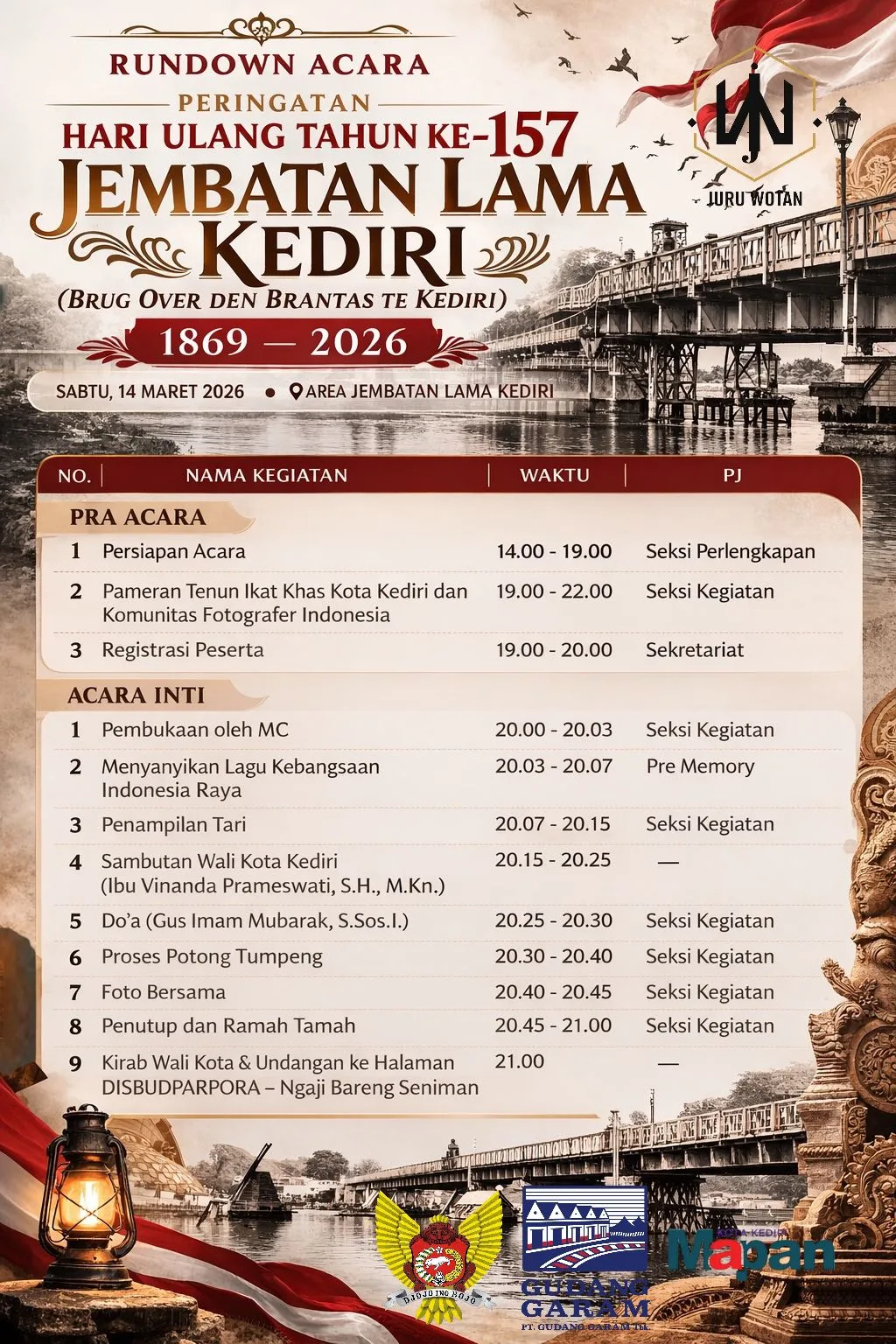 Rundown Acara Peringatan Hari ulang tahun ke - 157 jembatan lama kota Kediri (ist)
